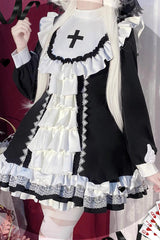 White/Black Long Sleeves Multi-layer Cross Print Nun Style Ruffle Gothic Lolita Dress - Product - 3