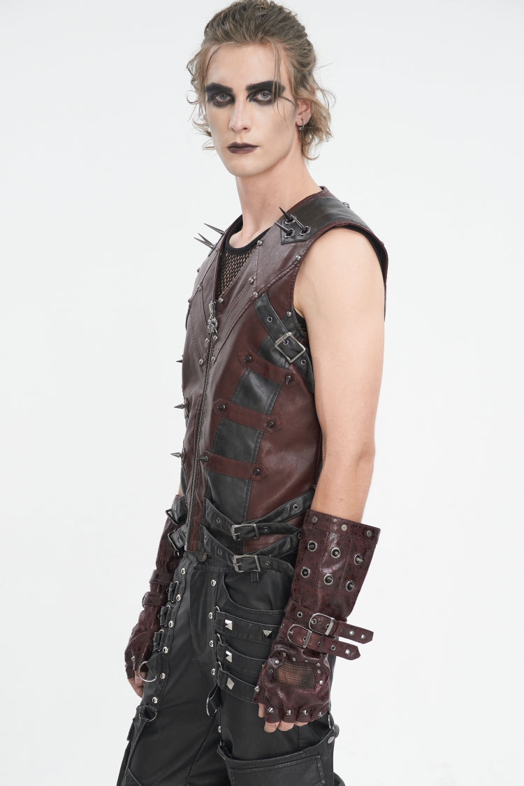 Red Spliced Mesh Studded Buckled Men's Gothic Accessory Half-finger Gloves - Product - 3