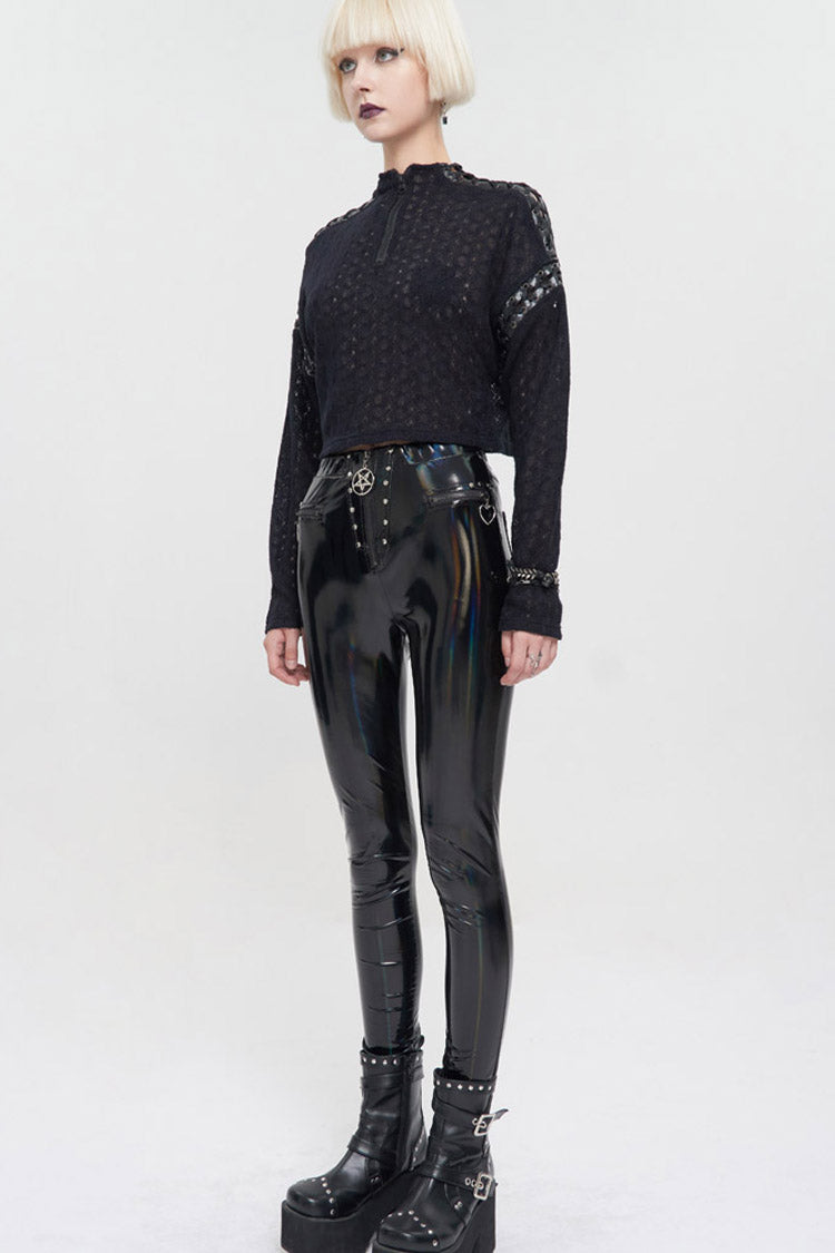 Black Wool Dropped Shoulders Perforated Sleeves Strap Connection Neck Zipper Loose Long Sleeve Women's Punk Sweater - Product - 6