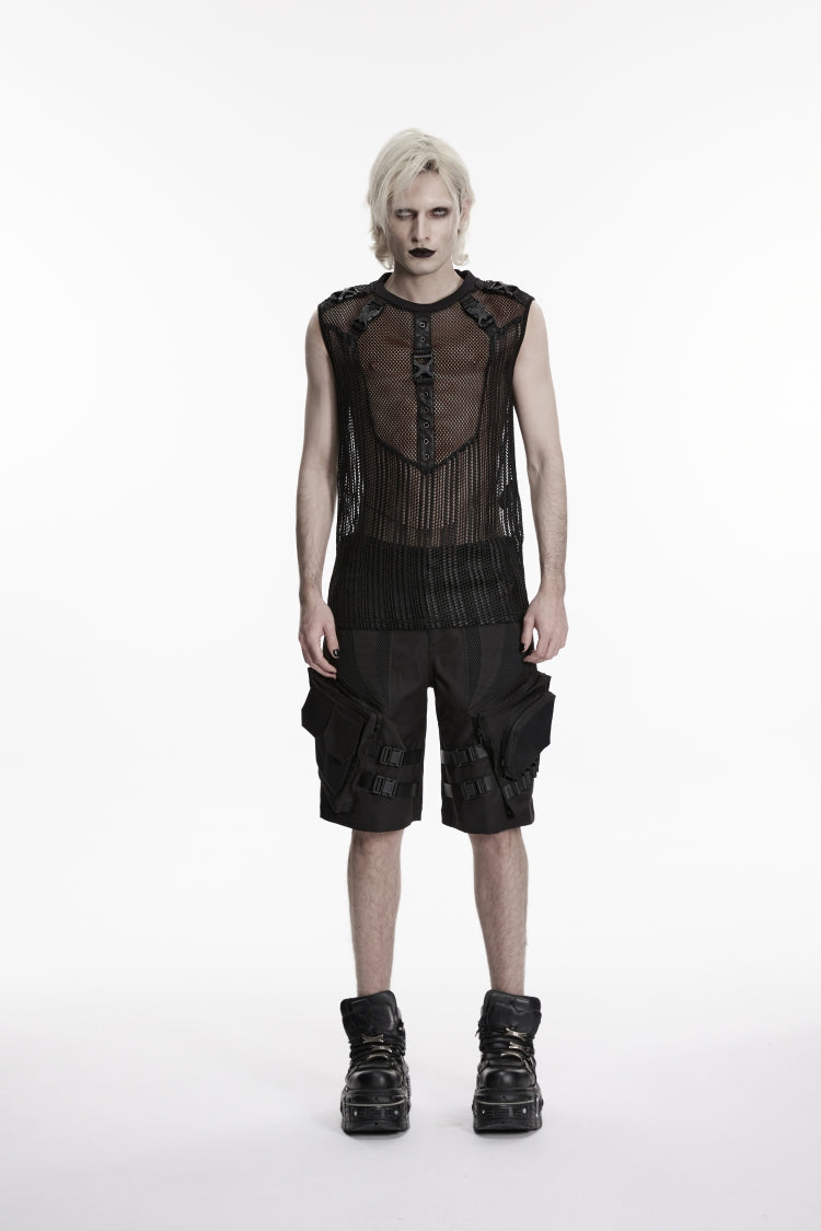 Black Round Collar Sleeveless Cut-Out Mesh Buckled Eyelet Men's Punk Vest - Product - 2