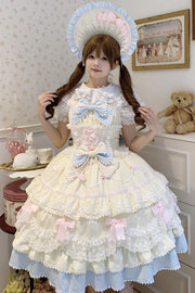 Yellow/Blue Fondant Cake Sleeveless Multi-Layered Ruffle Bowknot Lace Sweet (Set) front view