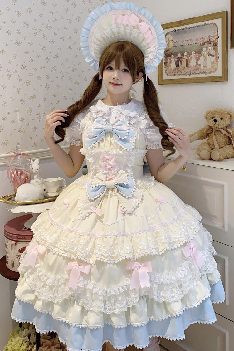 Yellow/Blue Fondant Cake Sleeveless Multi-Layered Ruffle Bowknot Lace Sweet (Set) front view