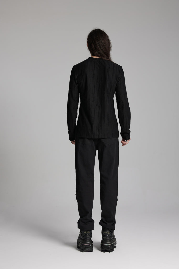 Black Round Collar Long Sleeves Triangle Buckle Men's Punk T-Shirt - Product - 3