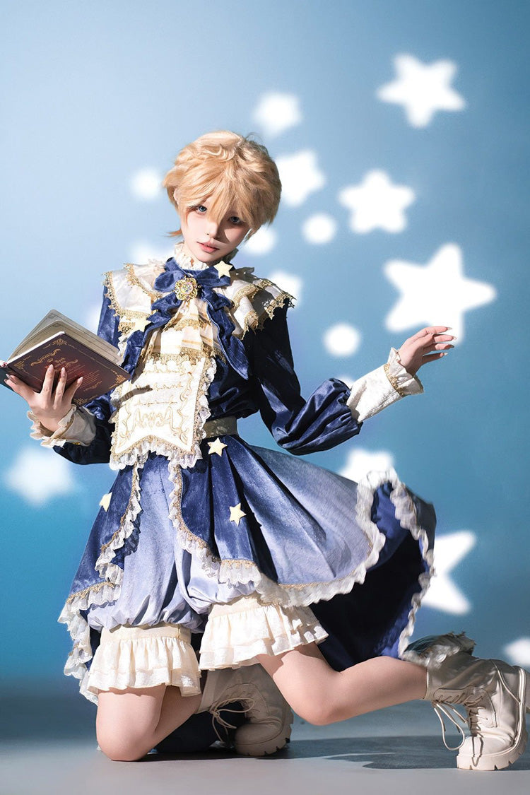 Blue Long Sleeves Ombre Ruffled Bow Ouji Gothic Lolita Swallowtail Dress Shorts Set - Product - 7