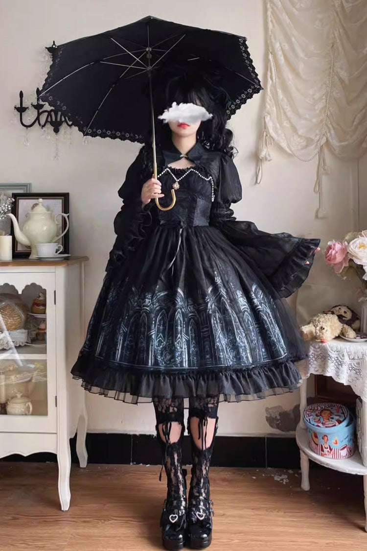 Black Sleeveless Church of Silent Night Print Ruffle Gothic Lolita Jsk Dress - Product - 4