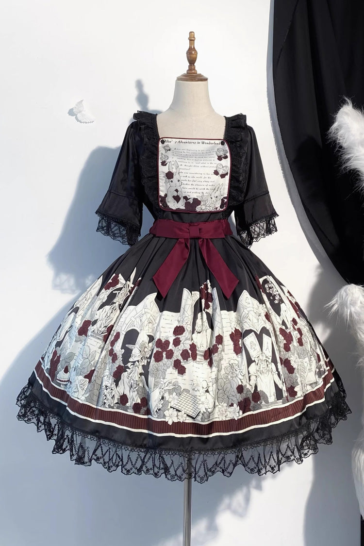 Black [Alice of the Asylum] Print Bowknot Lace Gothic Lolita Dress 2 Versions - Product - 4