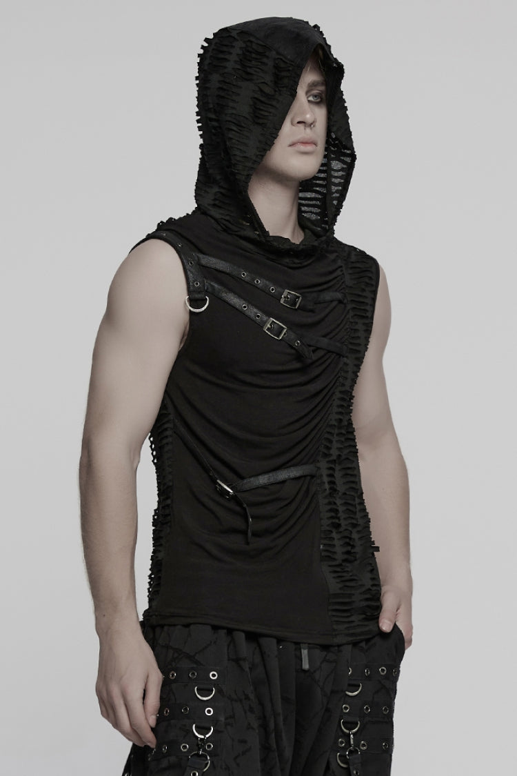 Black Sleeveless Hooded Ripped Ruched Men's Punk Vest - Product - 2