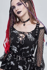 Black Gothic Knit Bone Print Sling Metal Grommet Strap Design Long Sleeve Women's Dress - Product - 11