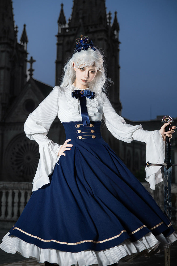 Blue [Eternal Crown] Stand Collar Long Lantern Sleeves Ruffled Color-Blocked Faux Two-Piece Classic Royal Lolita Dress 2 Versions - Blue(Long) - 23