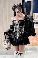 Black [Gentle Treasure] Print Ruffle Embroidery Bowknot Gothic Princess Lolita Strapless Dress - Product - 6
