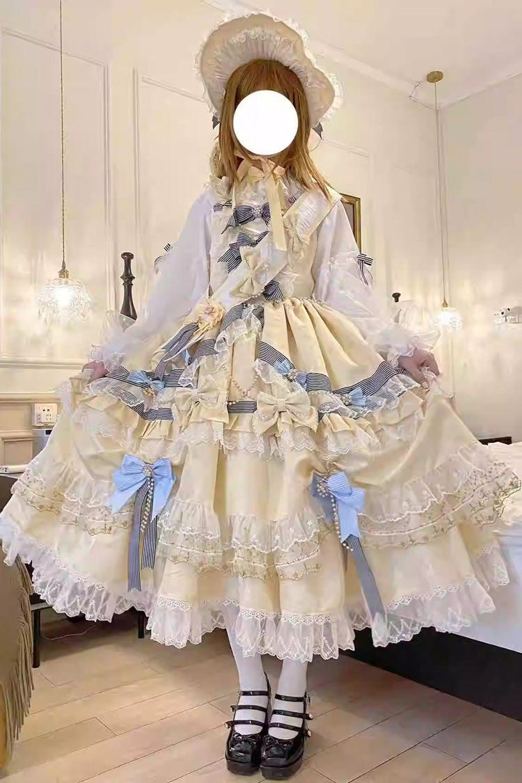 Gold Long Sleeves Multi-Layered Ruffle Bowknot Lace Sweet Princess Lolita Dress - Product - 3