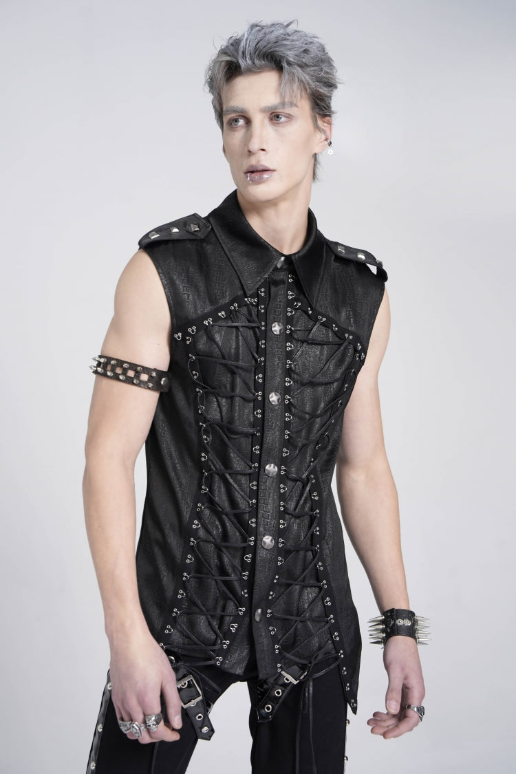 Black Sleeveless Studded Lace-Up Men's Gothic Blouse - Product - 3