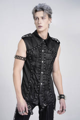 Black Sleeveless Studded Lace-Up Men's Gothic Blouse - Product - 3