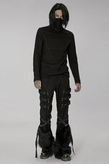 Black Punk Super High Collar Masked Hanging Ear Splicing Mesh Long Sleeves Men's T-Shirt - Product - 4