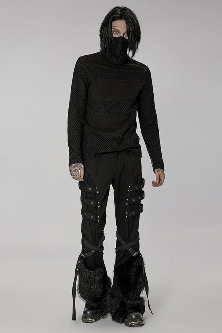 Black Punk Super High Collar Masked Hanging Ear Splicing Mesh Long Sleeves Men's T-Shirt - Product - 4