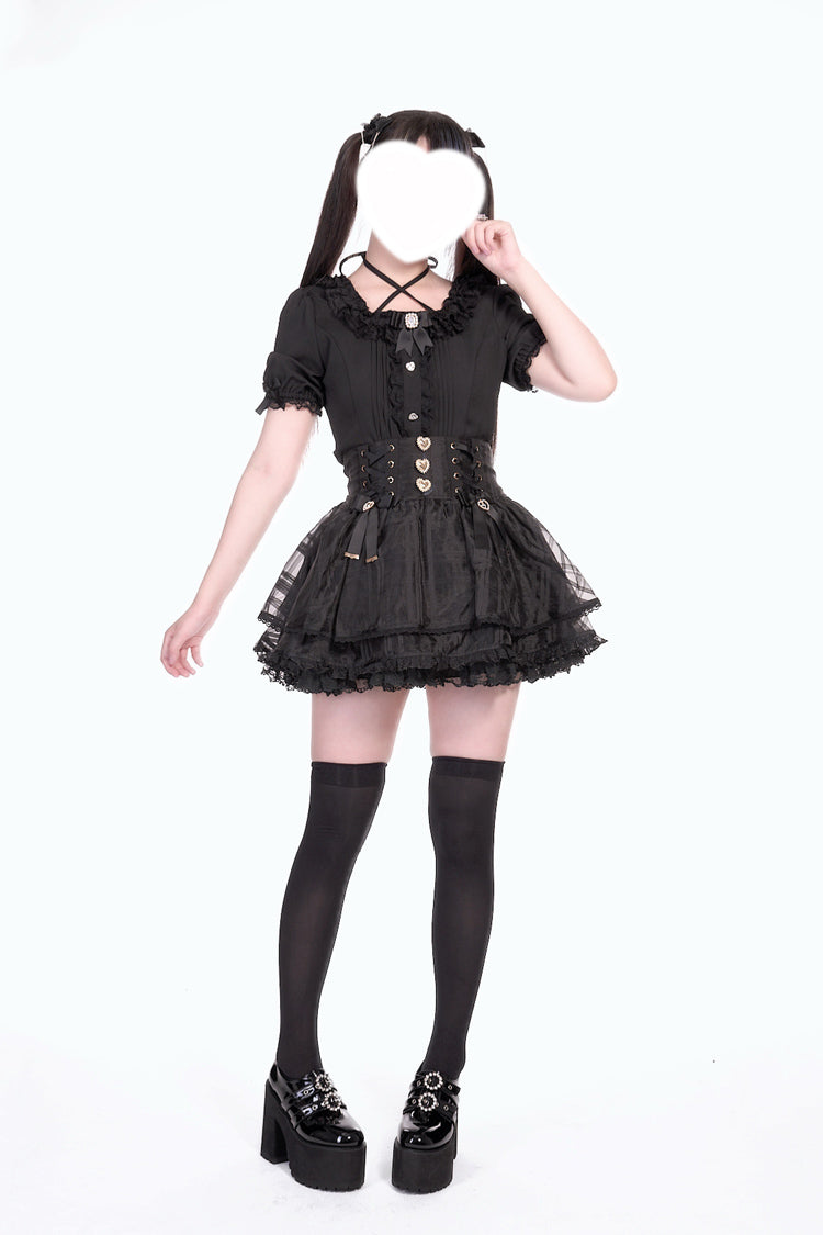 [Love Hanabi] Triple-Layered Bowknot Lace-Up Organza Sweet Jirai Kei Japanese Skirt 3 Colors - Product - 8