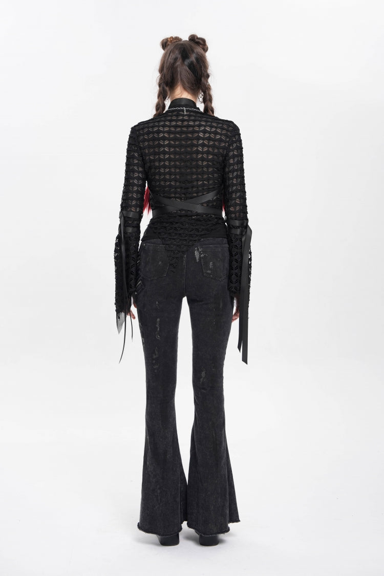 Black Stand Collar Long Sleeves Mesh Buckle Straps Women's Punk Blouse - Product - 12