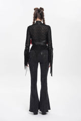Black Stand Collar Long Sleeves Mesh Buckle Straps Women's Punk Blouse - Product - 12