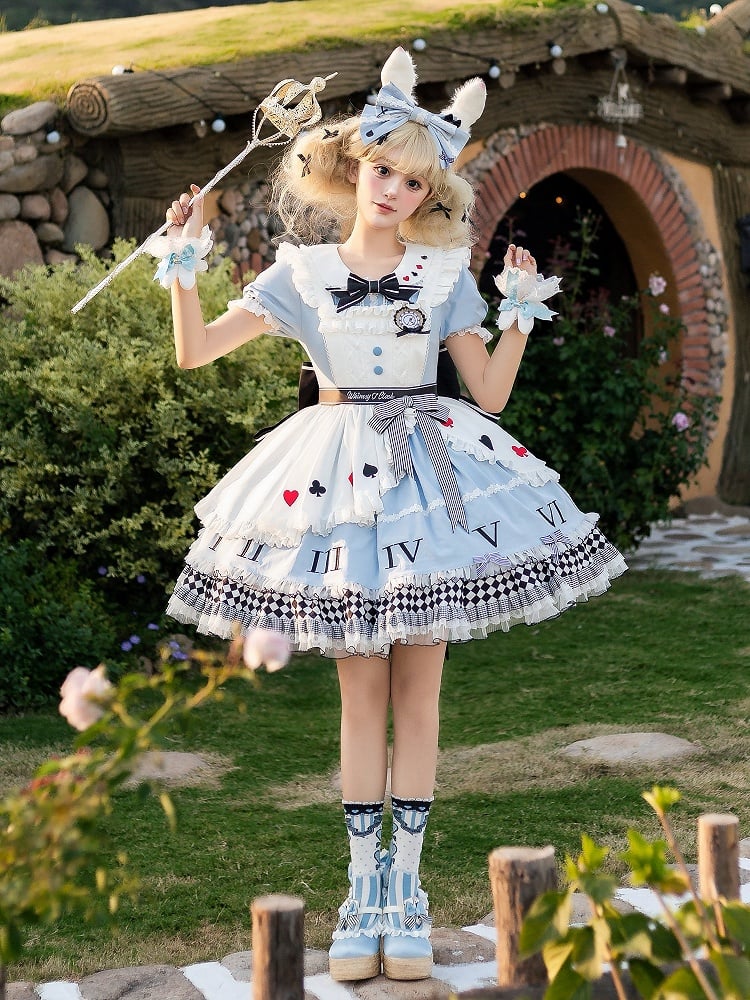 Blue & White Alice in Wonderland Sweet Lolita Dress + Apron detail view 7