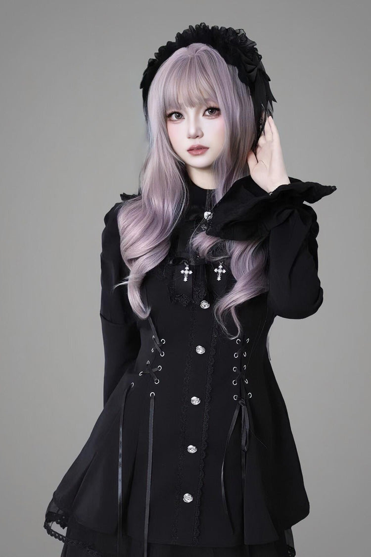 Black Long Trumpet Sleeves Ruffle Gothic Jirai Kei Japanese Dress Set 2 Colors - Black - 1