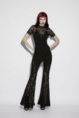 Black Stand Collar Short Sleeves Cut-Out Lace Slim Sheer Faux Two-Piece Women's Gothic Top - Product - 7