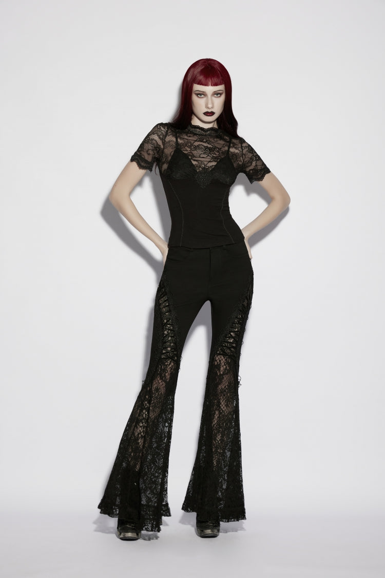 Black Stand Collar Short Sleeves Cut-Out Lace Slim Sheer Faux Two-Piece Women's Gothic Top - Product - 7