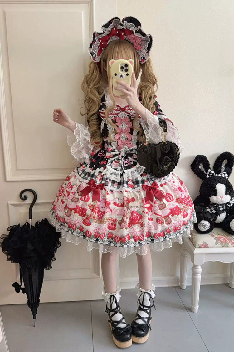 Black/Red [Sweet Berry Bunny Bear] Half Sleeves Printed Bow Lace Lace-Up Sweet Lolita OP Dress - Product - 5