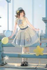 Blue/Ivory Catch The Stars Print Navy Style Sleeveless Ruffle Bowknot Sweet Lolita Dress - Blue/Ivory - 1