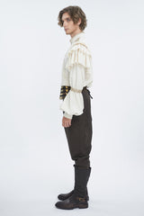 Beige Stand Collar Lantern Sleeves Multi-layer Ruffle Men's Gothic Blouse - Product - 3