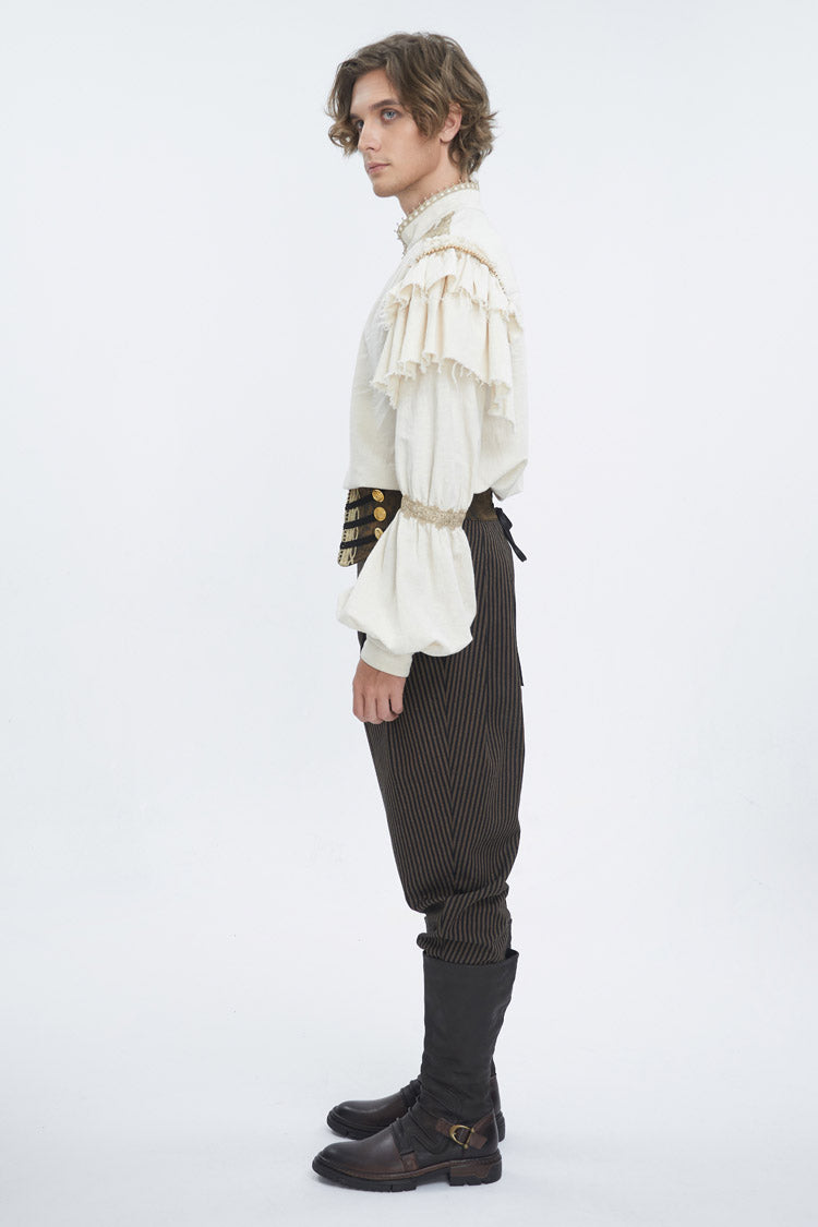 Beige Stand Collar Lantern Sleeves Multi-layer Ruffle Men's Gothic Blouse - Product - 3