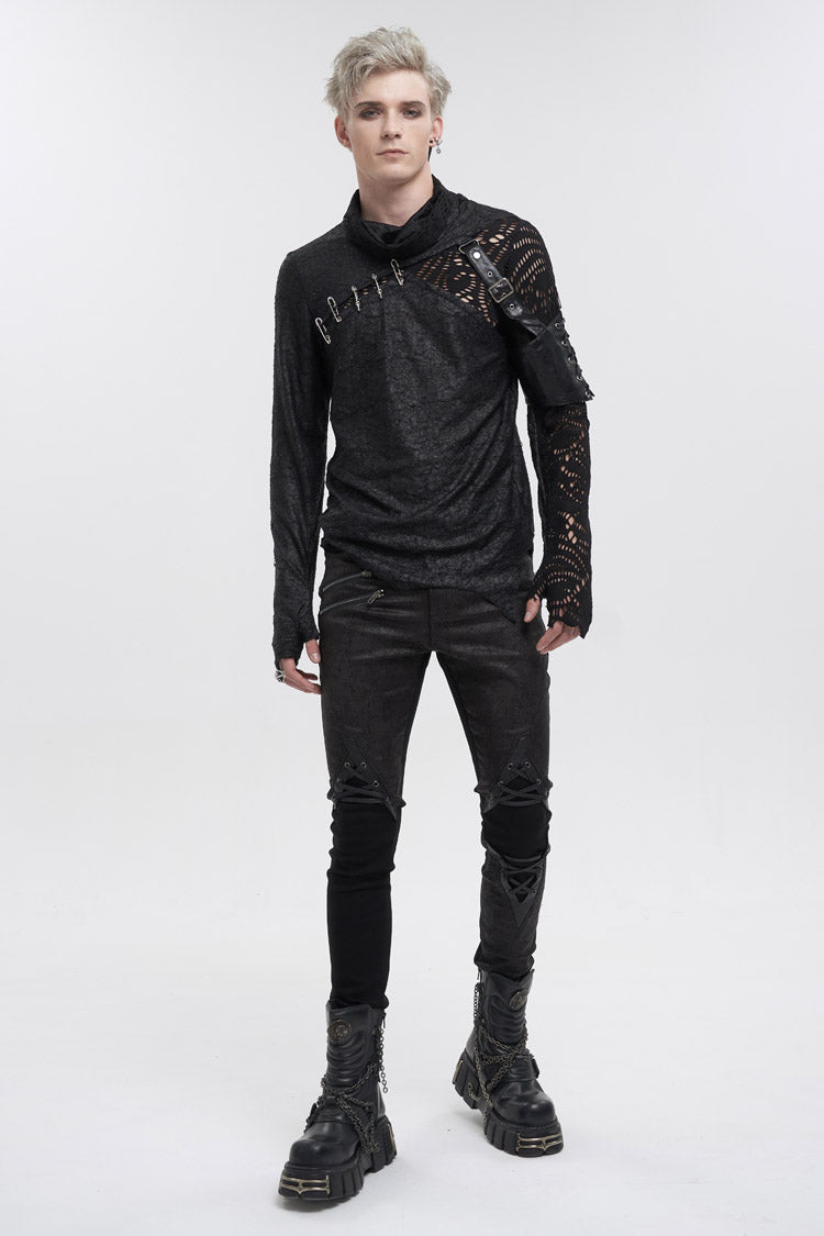 Black Fashion Printed Fabric Stitching Ripped Mesh Detachable Long Sleeve Men's Punk T-Shirt - Product - 4