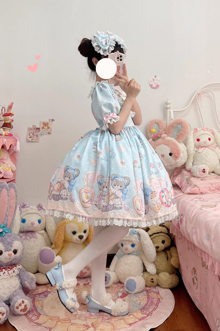 Blue Short Sleeves Baked Bear Print Ruffle Sweet (Dress Only) detail view 2