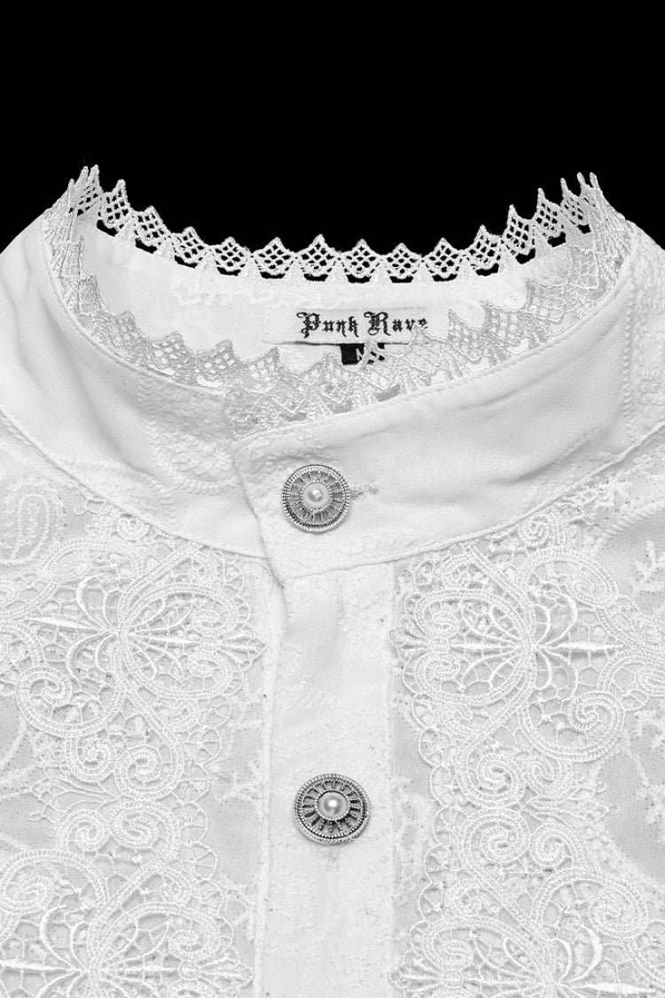 White Stand Collar Chiffon Long Sleeves Hollow Embroidery Men's Gothic Blouse - Product - 5