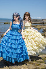 [Bubble Rain] Flutter Sleeves Multi-Layered Ruffled Sweet Lolita Jsk Dress 2 Colors (Yellow, Blue) - Blue - 1