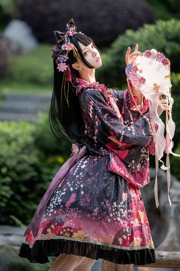 Black/Red [Cherry Blossom Cat Islet] Sleeveless Printed Ruffled Bow Sweet Lolita Jsk Dress Set - Product - 5