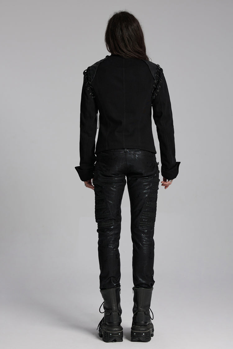 Black/Silver Stand Collar Long Sleeves Lace-Up Buttons Men's Punk Jacket - Product - 6
