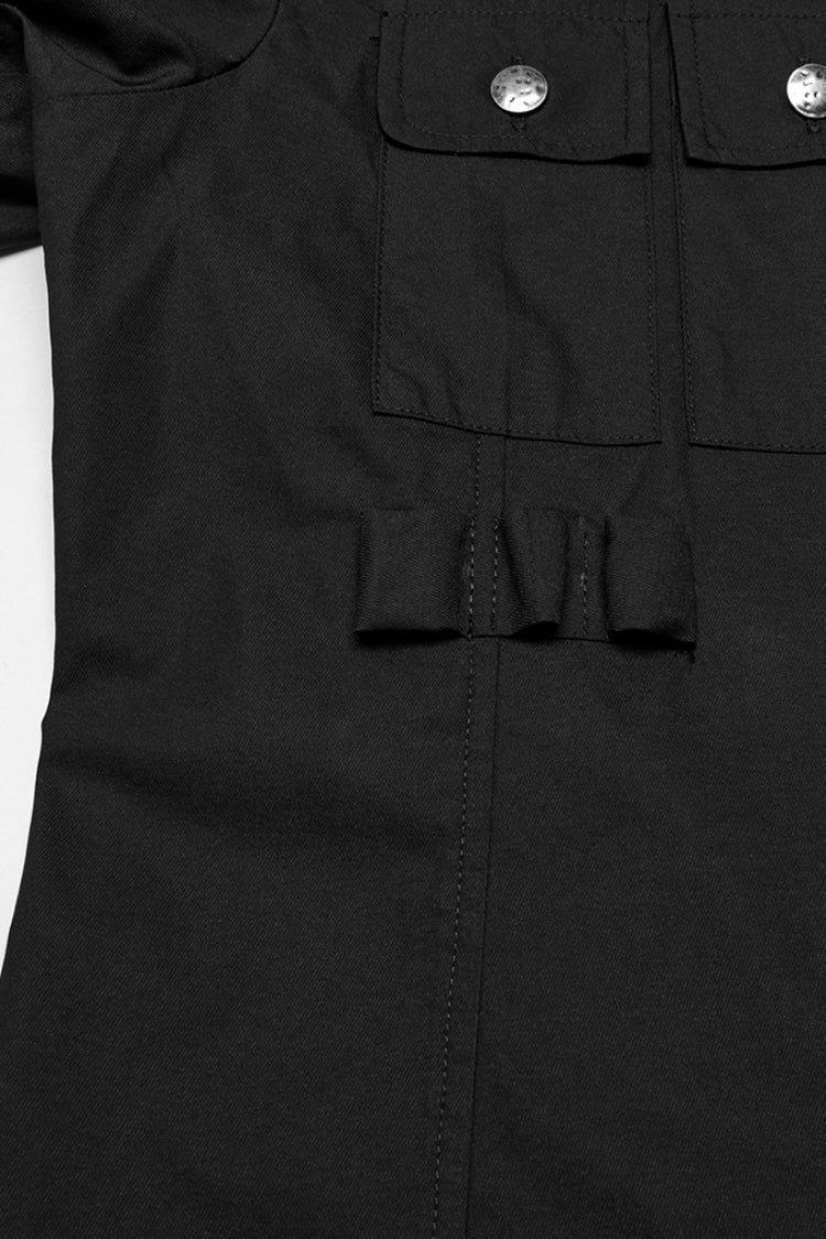 Black Lapel Collar Short Sleeves Men's Pocket Eyelet Punk Blouse - Product - 7