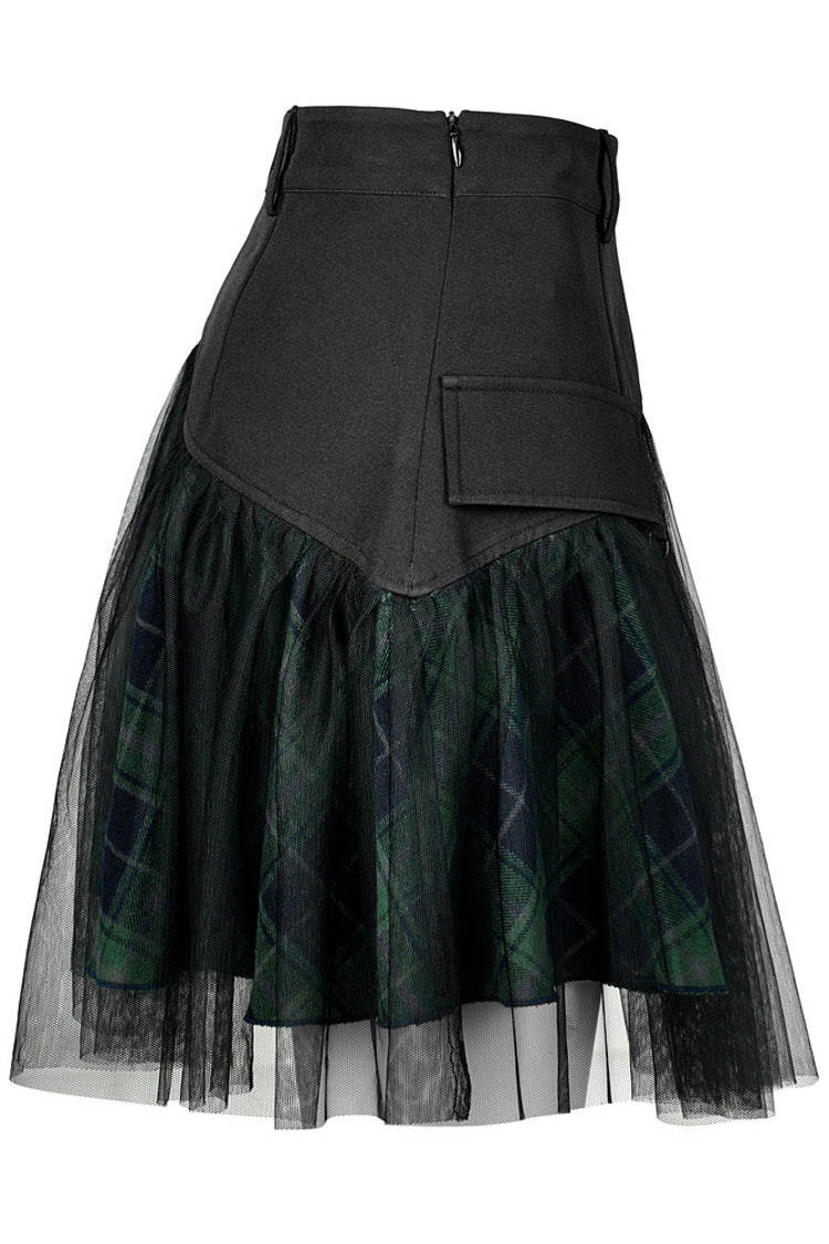 Green Cotton Splicing Mesh Plaid Personalized Pocket Decoration Waist Punk Women's Short Skirt - Product - 7