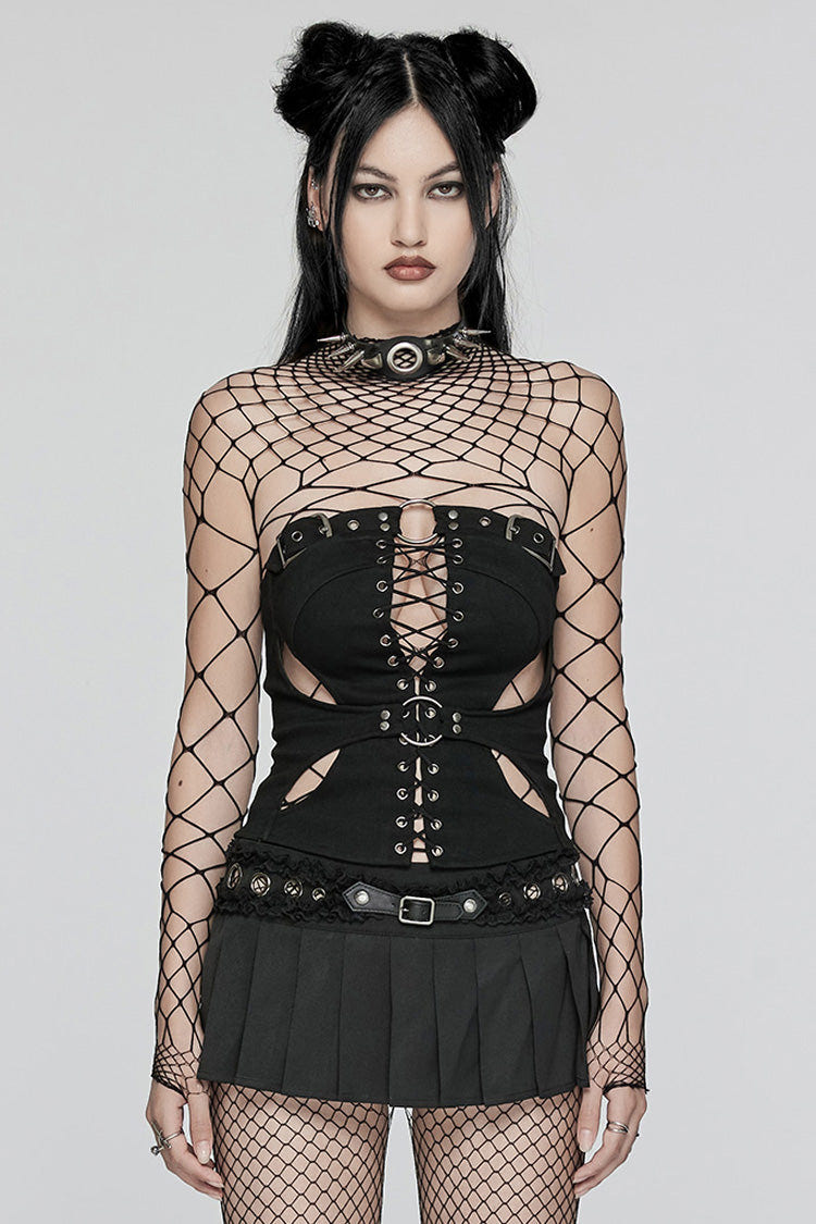 Black Hollow Lace-Up Ripped Buckle Women's Punk Tube Top - Black - 1