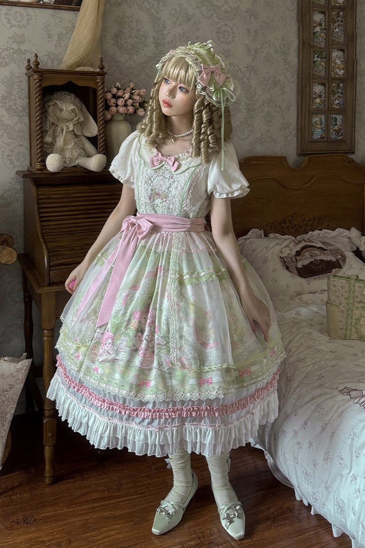 Pink/Green [Bamboo Rabbit] Peter Pan Collar Short Sleeves Printed Ruffled Embroidered Bow Sweet Lolita Dress - Product - 11