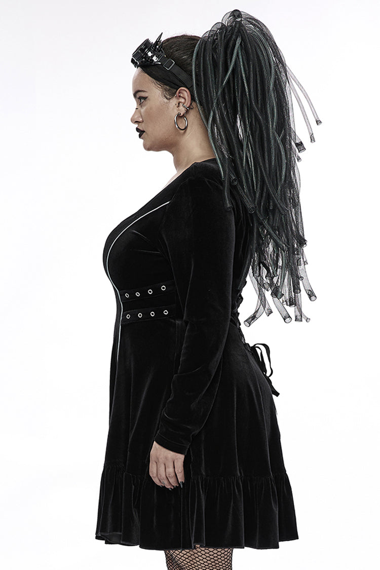 Black Stretch-Velvet Chain Print Decoration Webbing Long Sleeve Straps Women's Plus Size Gothic Dress - Product - 2