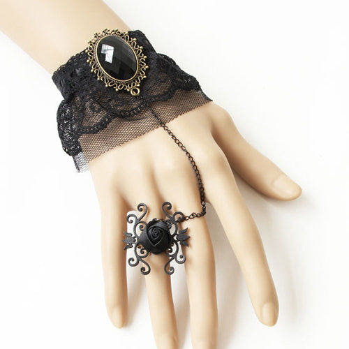 Black Retro Fashion Creative Lace Rose Gem Net Yarn Female Gothic Lolita Ring Bracelet - Black - 1
