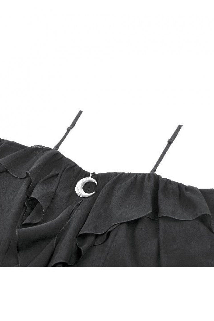 Black Moon Charm Off Shoulder Long Puff Bishop Sleeves Layered Ruffled Hem Women's Gothic Slip Dress - Product - 13