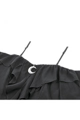 Black Moon Charm Off Shoulder Long Puff Bishop Sleeves Layered Ruffled Hem Women's Gothic Slip Dress - Product - 13