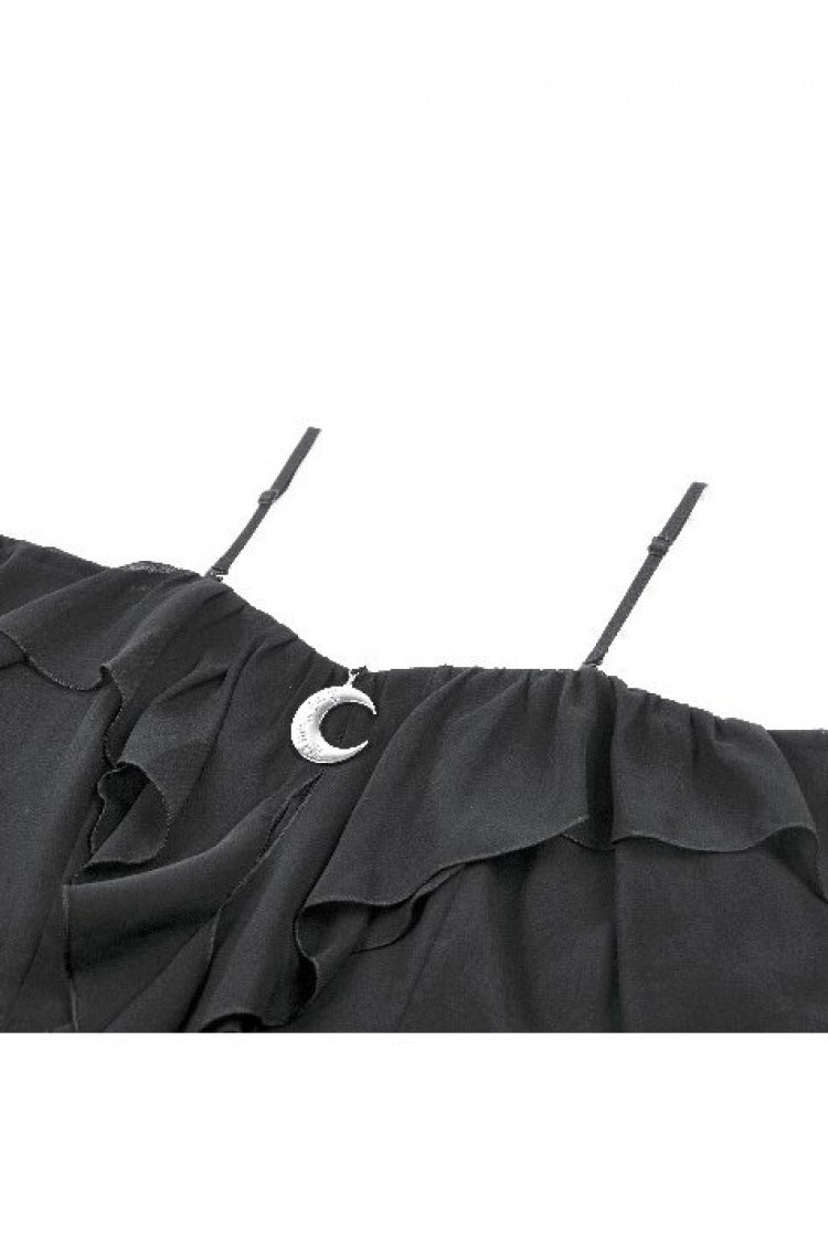 Black Moon Charm Off Shoulder Long Puff Bishop Sleeves Layered Ruffled Hem Women's Gothic Slip Dress - Product - 13