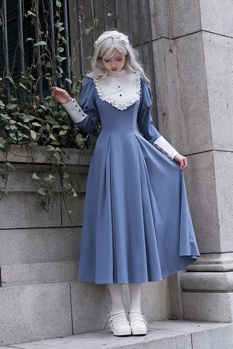 Blue Nun Style Stand Collar Long Sleeves Ruffle Bowknot Classic Elegant Lolita Dress - Product - 6