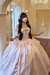 Pink [White Moonlight Lover] Romantic Commemorative Ceremony Sleeveless Ruffled Bow Lace Lace-Up Sweet Elegant Lolita Strapless Dress - Product - 5