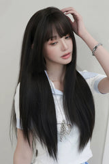 Black Brown Face-Framing Hime Cut Long Straight Wig with Full Bangs - Product - 5
