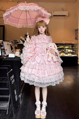 Pink [Love Overture] Multi-Layered Ruffle Bowknot Lace Sweet Lolita Jsk Dress - Product - 7