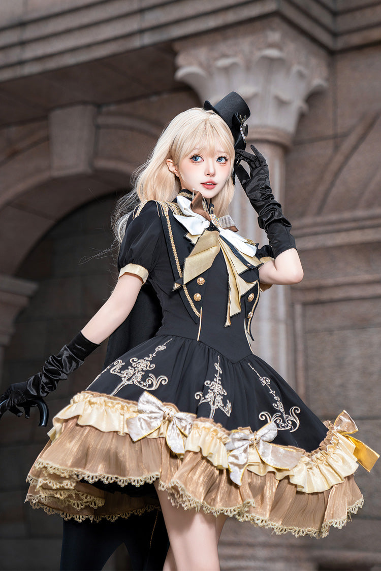 Black [Gilded Oath] Short Sleeves Double-Layered Ruffle Embroidery Bowknot Gothic Lolita Dress - Product - 19